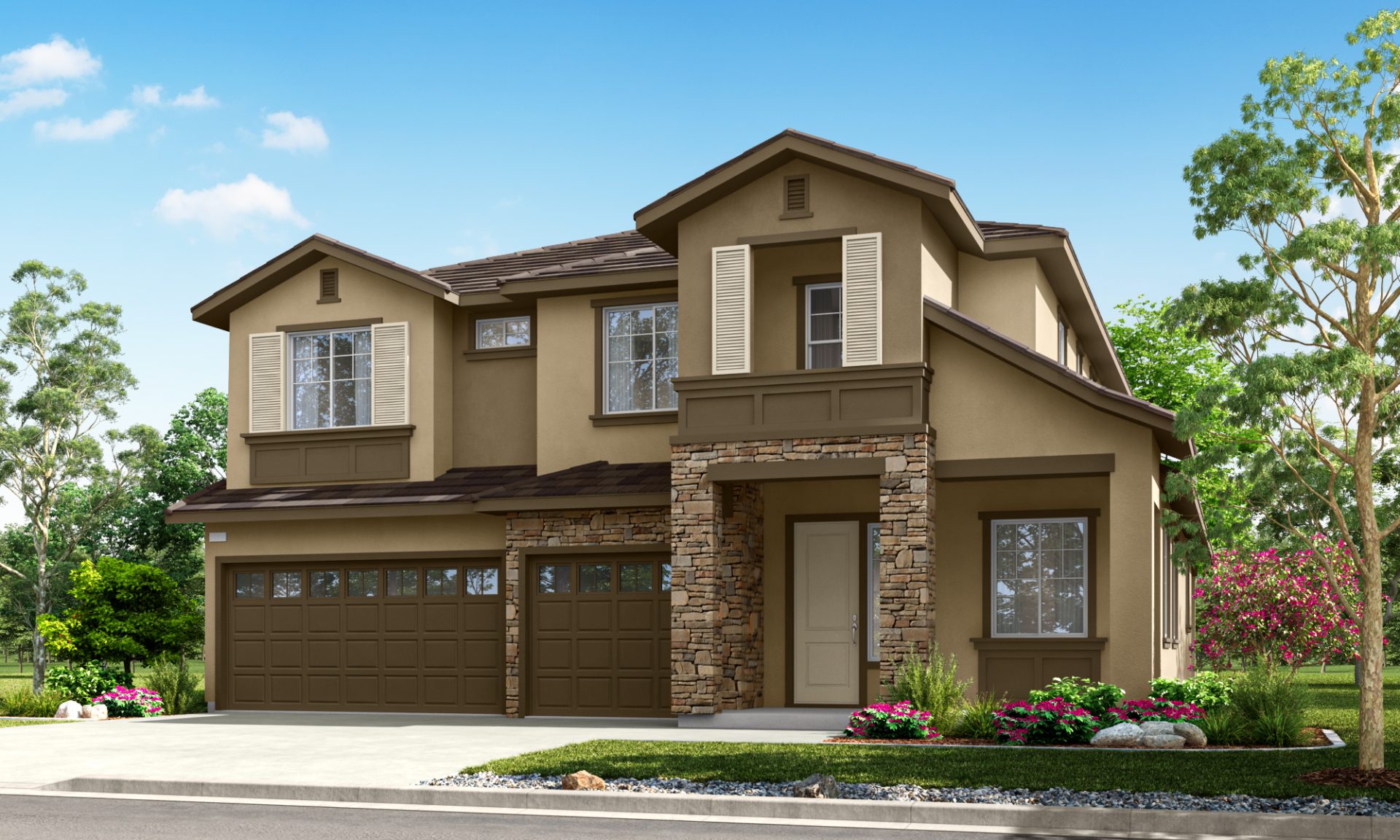 Modern two-story home with attached garage, neutral exterior, and small front garden along a residential street