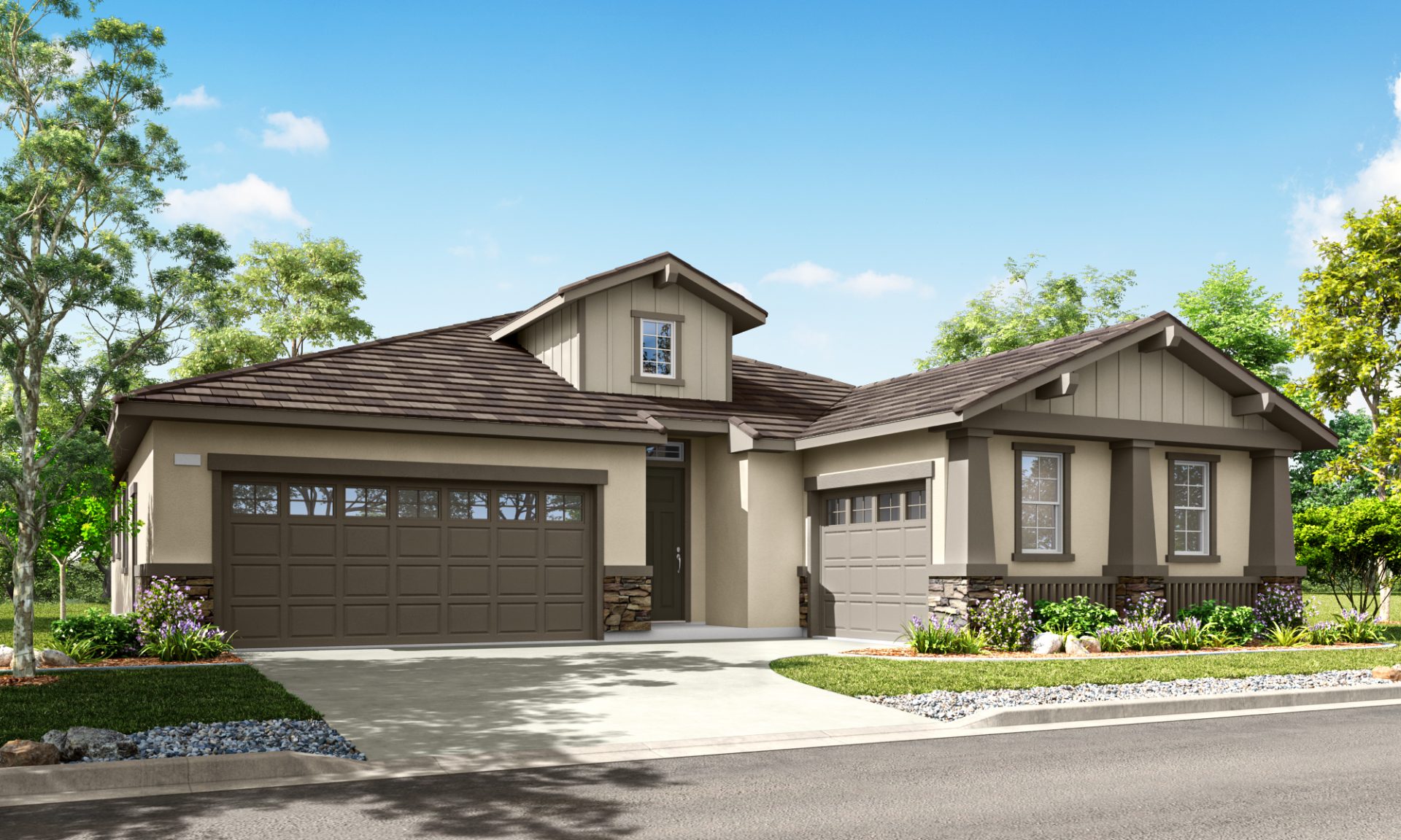 Modern single-story home with attached garage, neutral exterior, and small front garden along a residential street