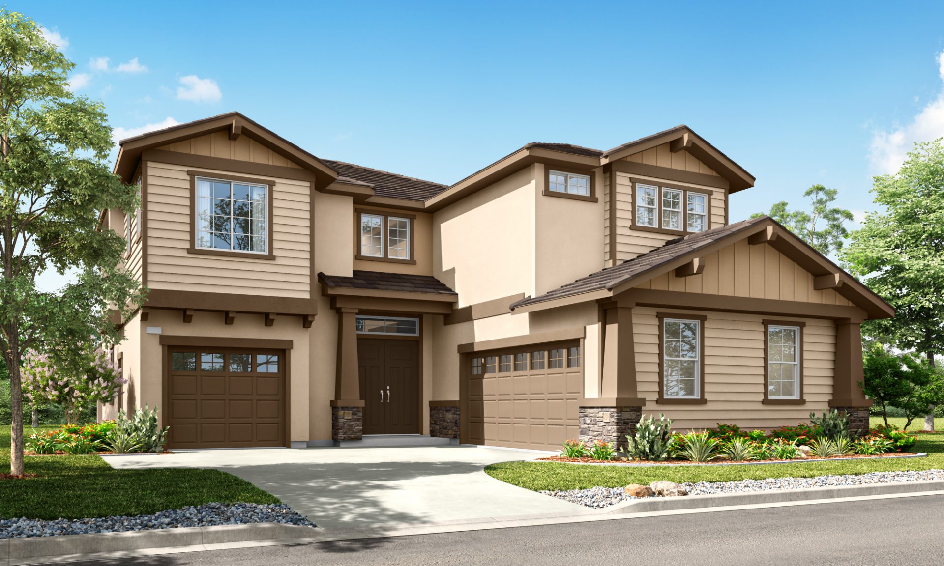 Modern two-story home with attached garage, neutral exterior, and small front garden along a residential street