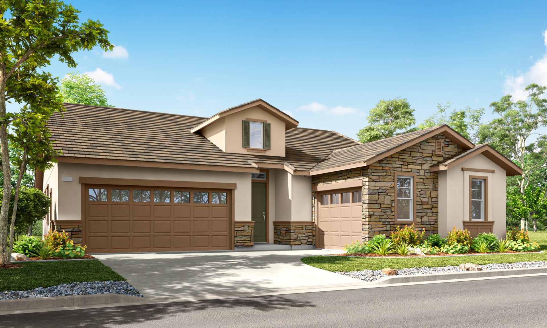 Modern single-story home with attached garage, neutral exterior, and small front garden along a residential street