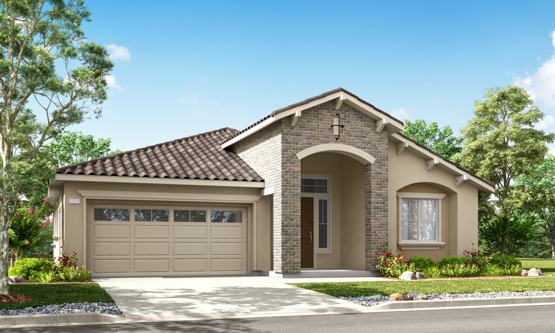 Modern single-story home with attached garage, neutral exterior, and small front garden along a residential street