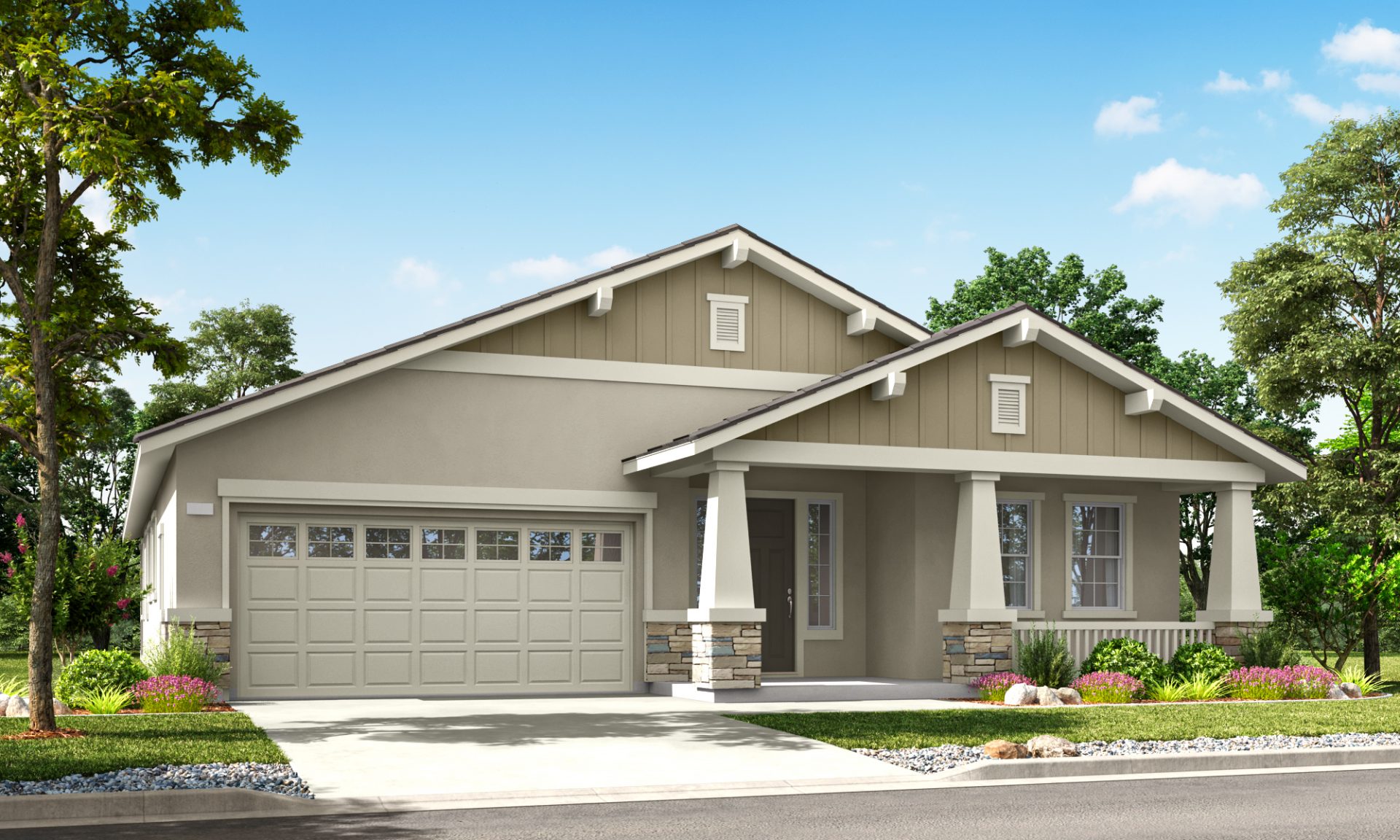 Modern single-story home with attached garage, neutral exterior, and small front garden along a residential street