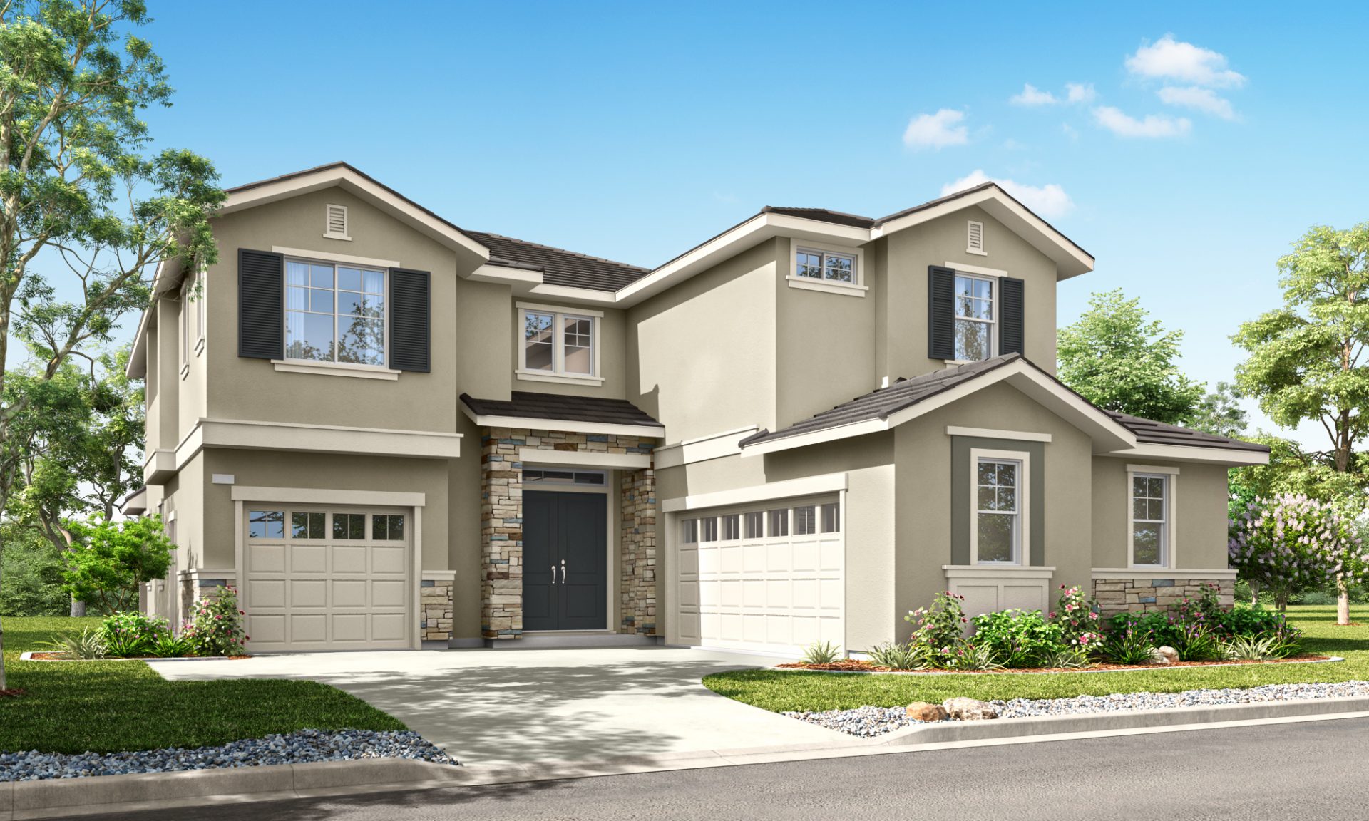Modern two-story home with attached garage, neutral exterior, and small front garden along a residential street