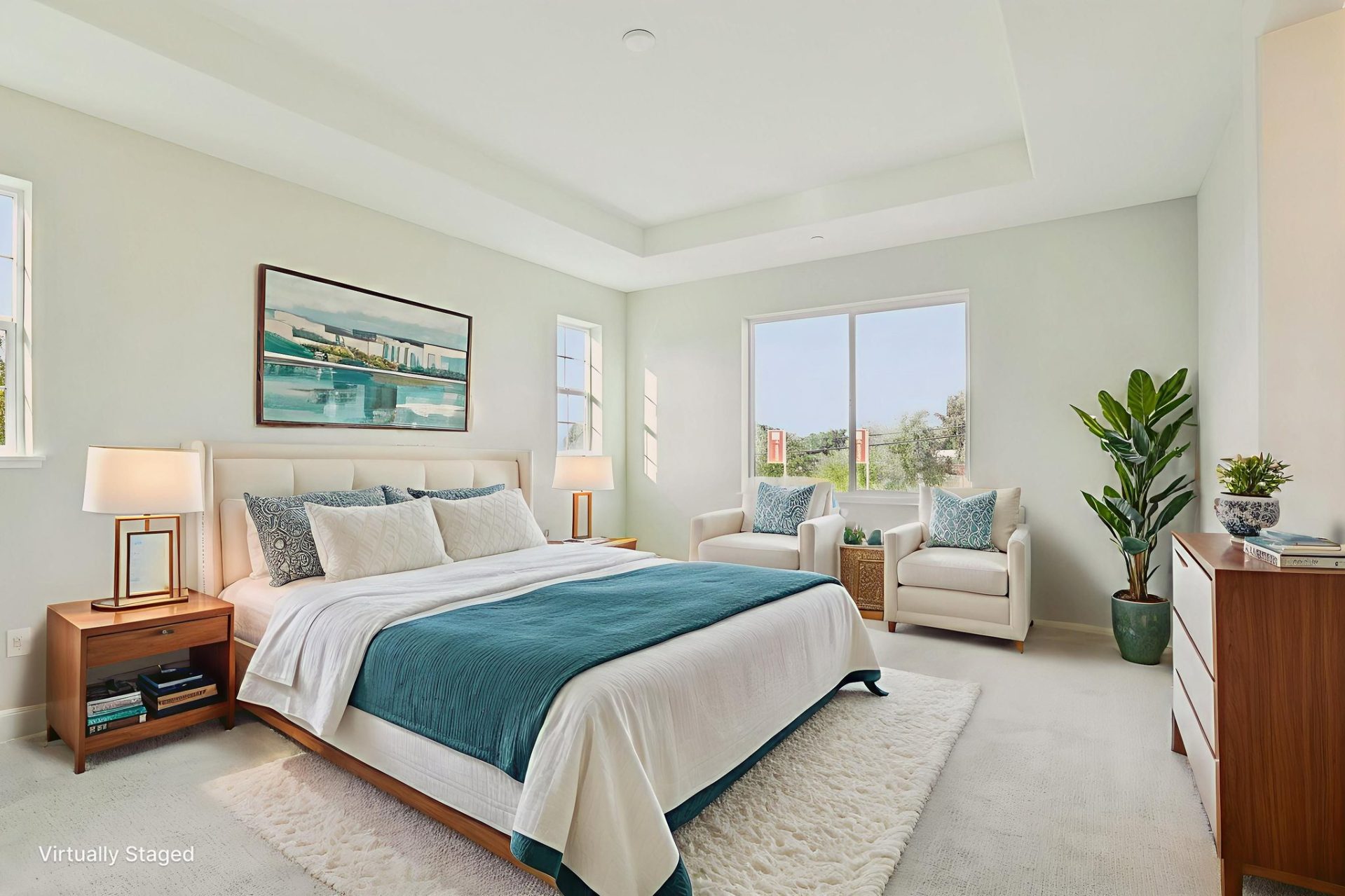 Carpeted bedroom with a tray ceiling and large windows bringing in natural light. The room features an upholstered bed with teal and white bedding, flanked by wood nightstands with lamps, an accent chair, and a potted plant. Framed coastal-style art hangs