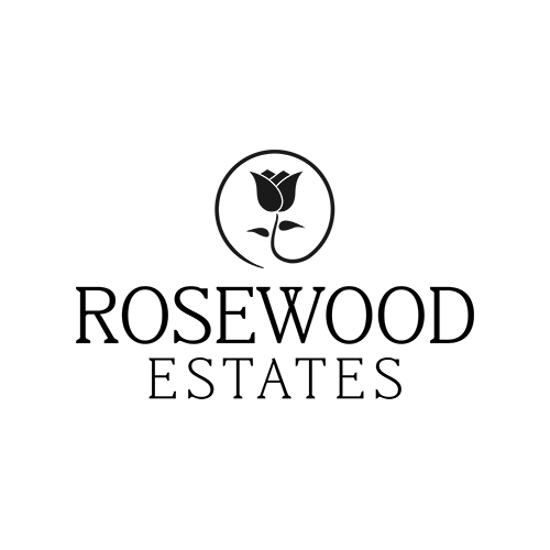 Rosewood Estates logo featuring a rose icon inside a circle