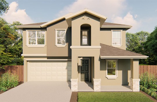 New construction Summerwalk Bennett elevation A is a modern Spanish style 2-story single family home with 2 car garage and covered front porch.