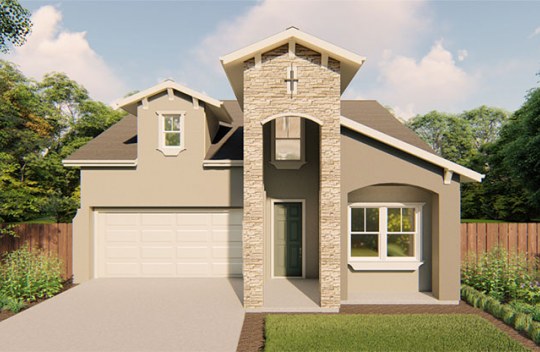 New construction Summerwalk Carson elevation A is 2-story single family home with 2 car garage and covered front porch.