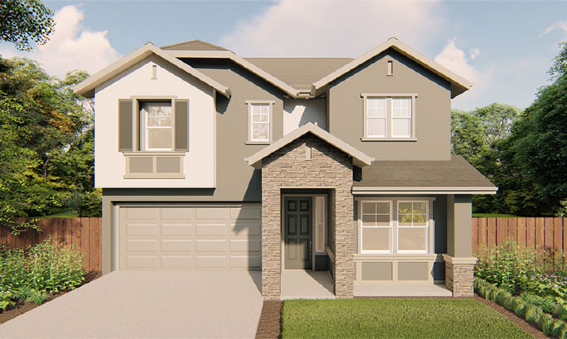 New construction Summerwalk Darby elevation B is a 2-story single-family home with 2-car garage and covered front porch.