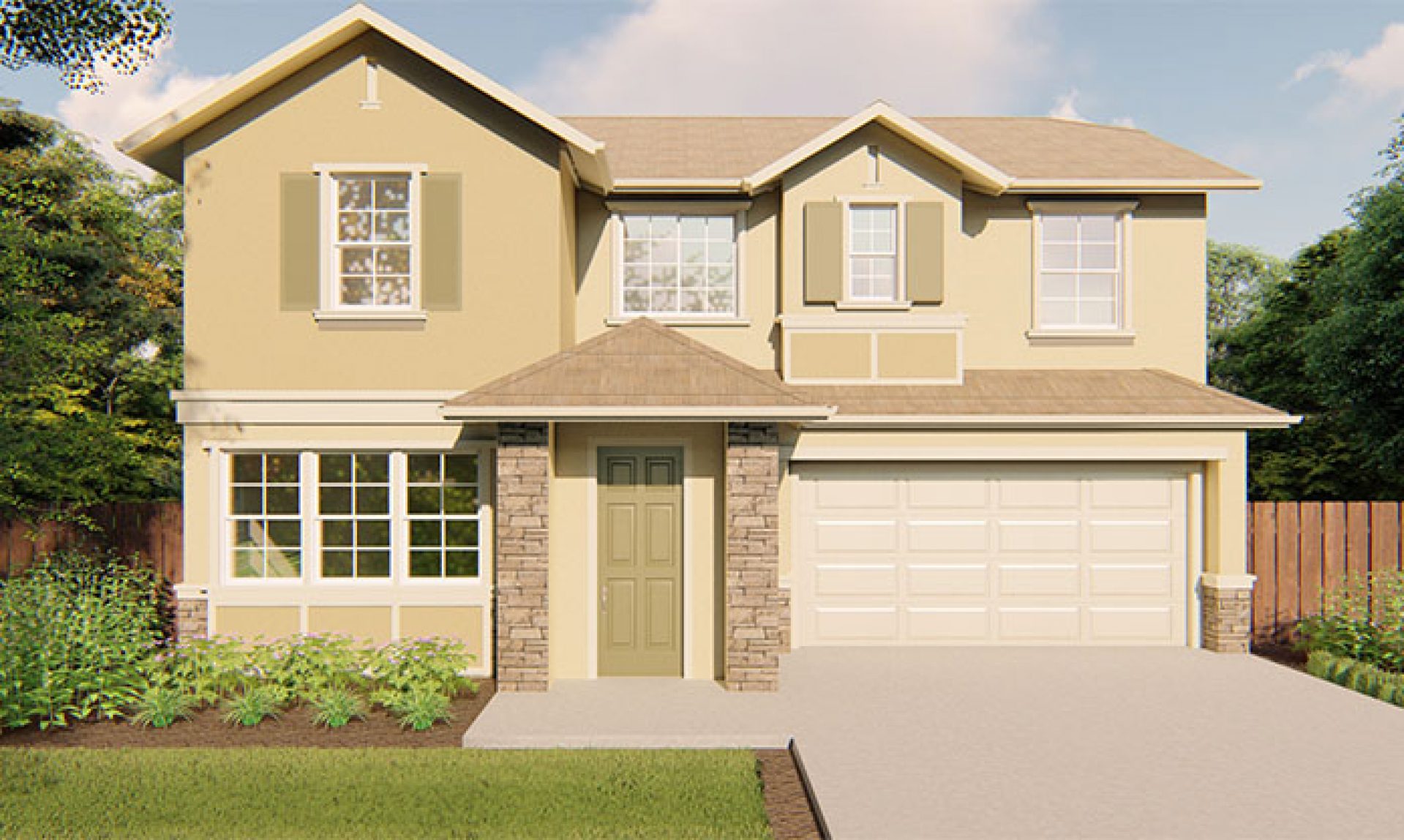 Melrose Azalea D elevation is a new Craftsman style single-family, 2-story home with 2-car garage and front covered porch.