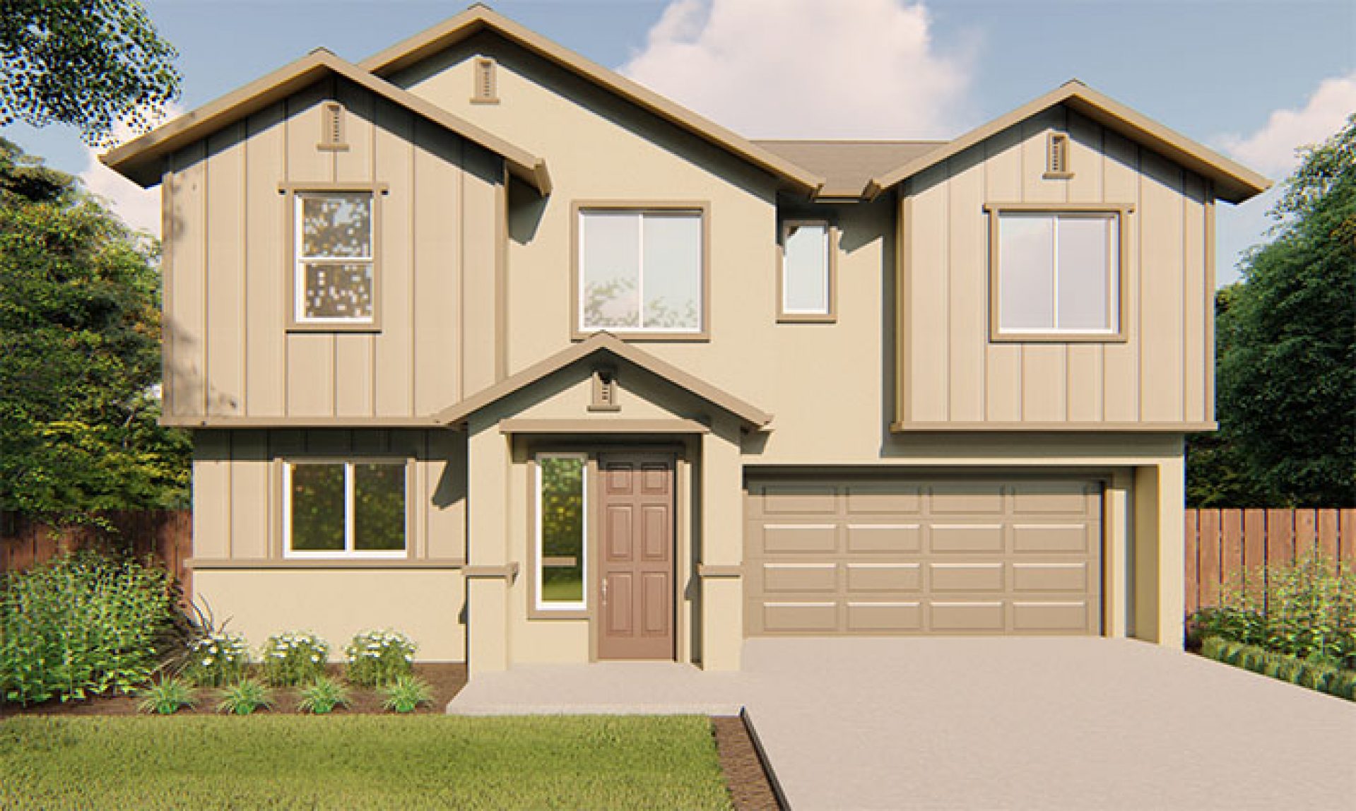 New construction Melrose Begonia elevation B is a Farmhouse style 2-story single family home with 2 car garage and covered front porch.