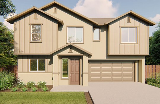 New construction Melrose Begonia elevation B is a Farmhouse style 2-story single family home with 2 car garage and covered front porch.