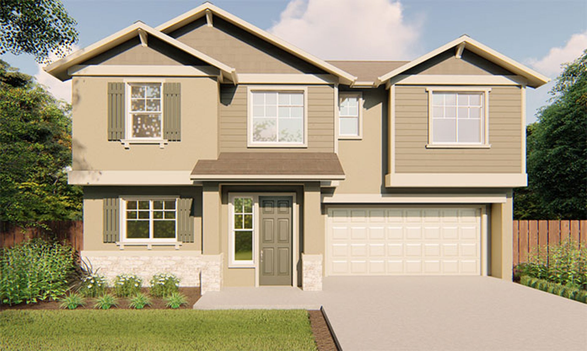 New construction Melrose Begonia elevation C is a Craftsman style 2-story single family home with 2 car garage and covered front porch.
