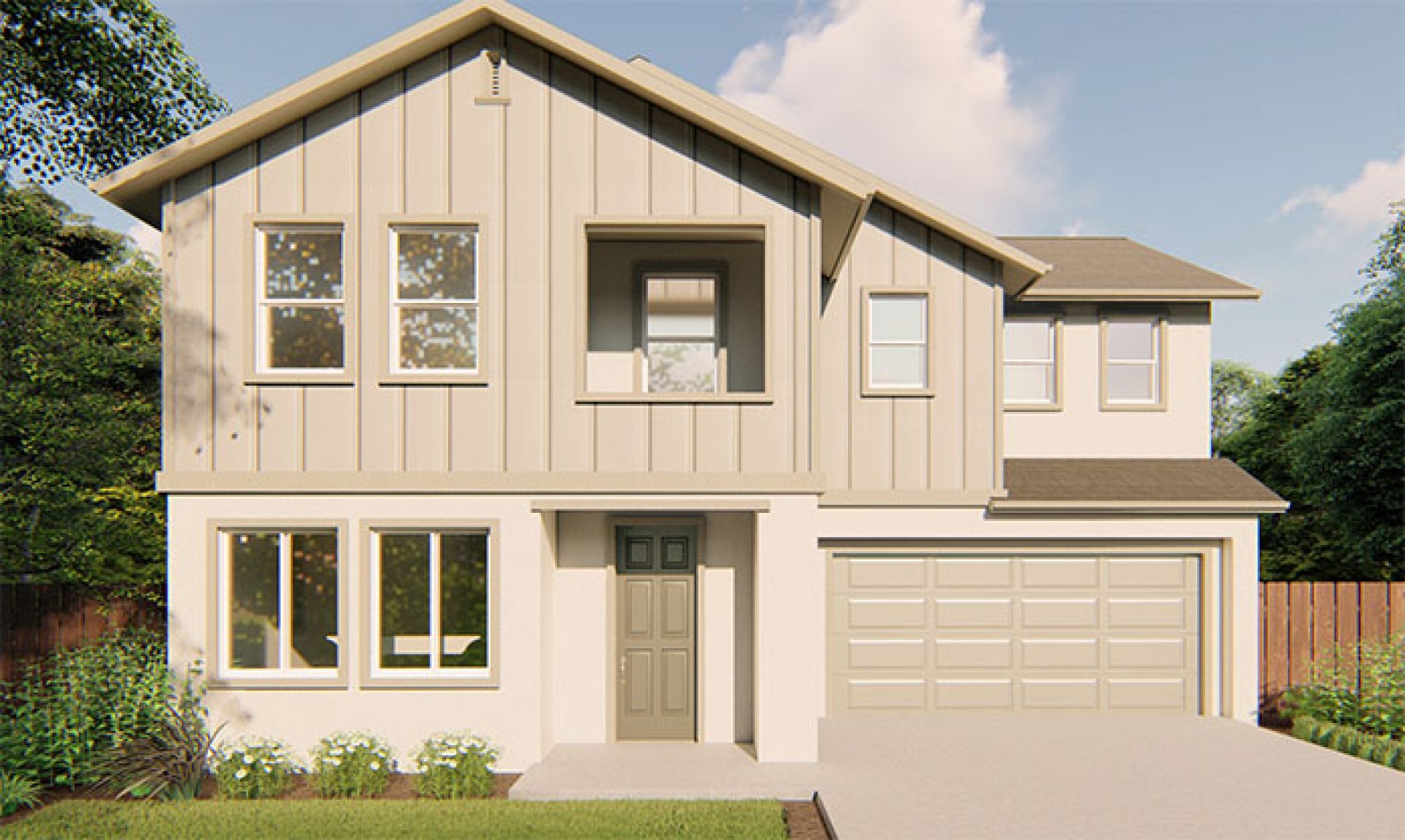 New construction Melrose Carnation elevation  B is a modern Farmhouse style 2-story single family home with 2 car garage and covered front porch.