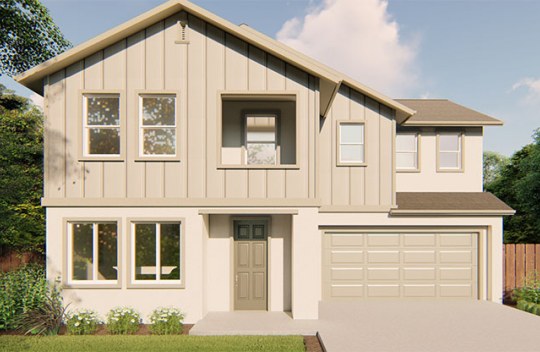 New construction Melrose Carnation elevation  B is a modern Farmhouse style 2-story single family home with 2 car garage and covered front porch.
