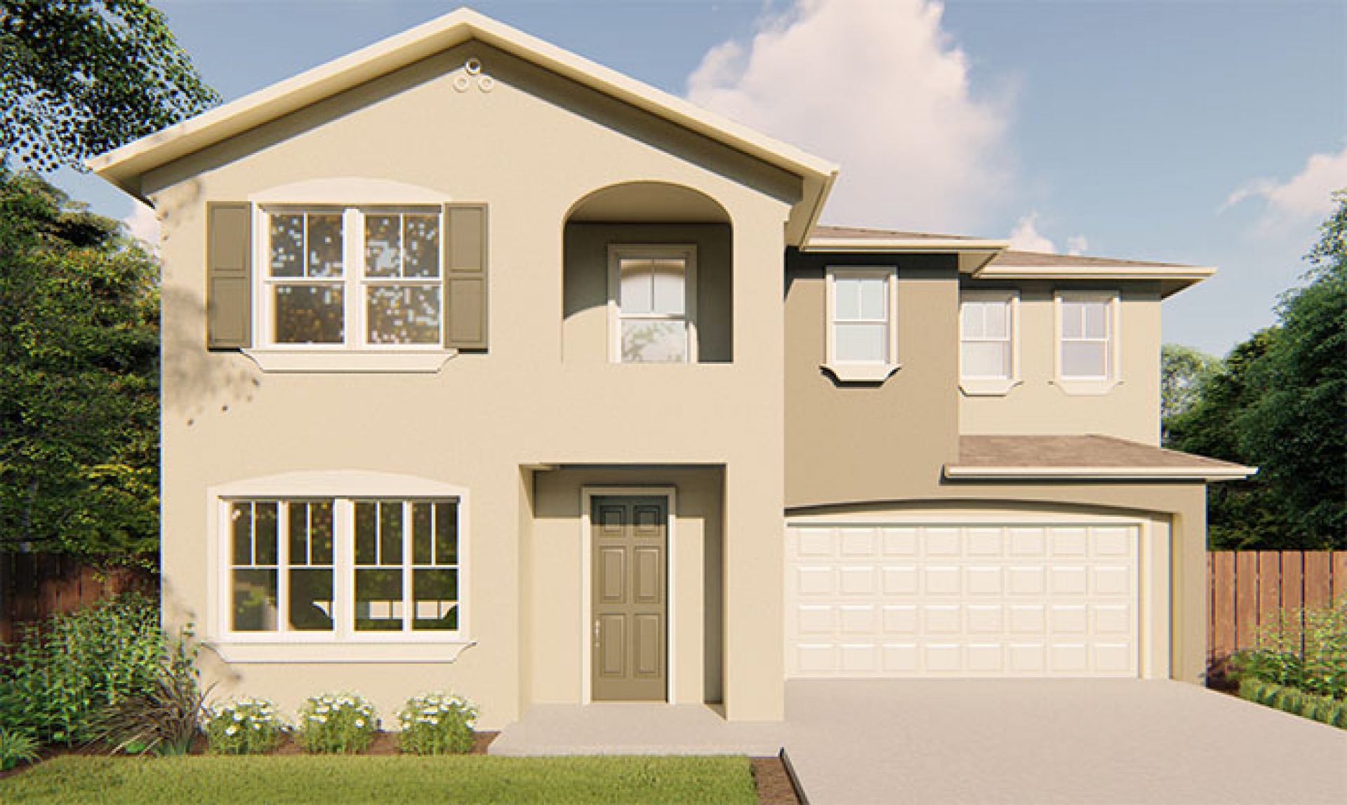 New construction Melrose Carnation elevation A is 2-story single family home with 2 car garage and covered front porch.