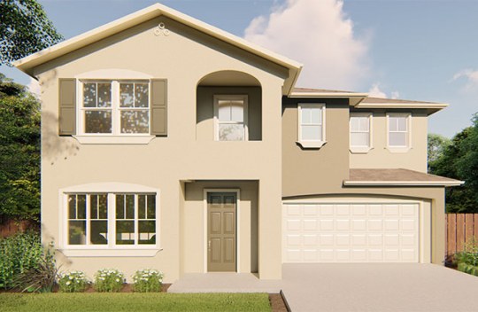 New construction Melrose Carnation elevation A is 2-story single family home with 2 car garage and covered front porch.
