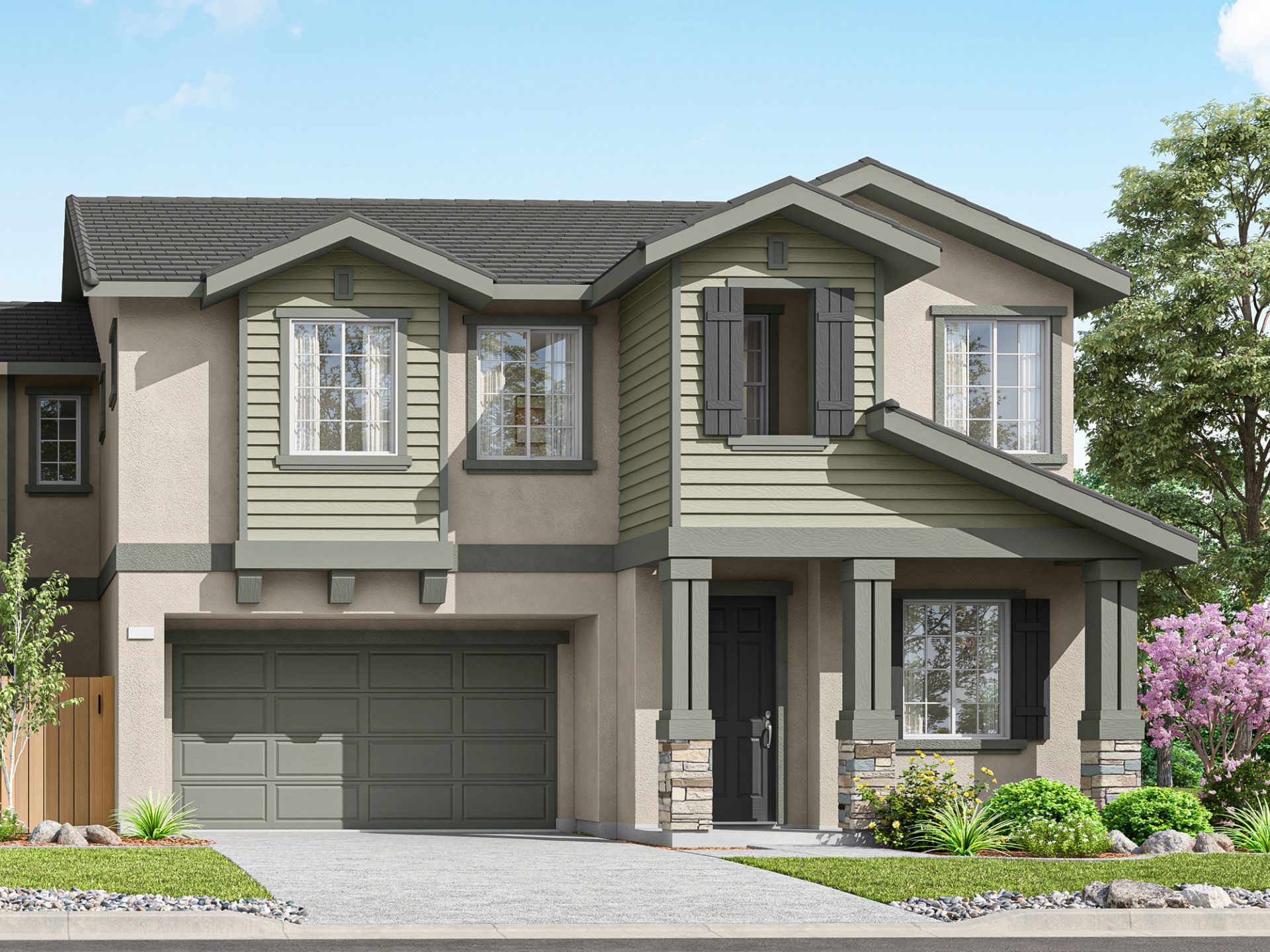 New construction Brighton Place Cora elevation A is a modern Craftsman style 2-story single-family home with 2-car garage and covered front porch.