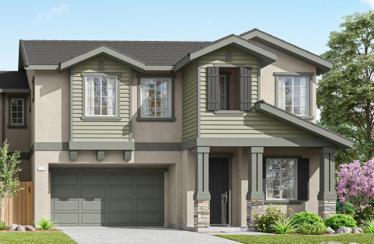 New construction Brighton Place Cora elevation A is a modern Craftsman style 2-story single-family home with 2-car garage and covered front porch.