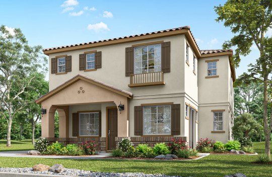New construction Liberty Baxter elevation A is a Spanish style 2-story single family home with covered front porch.