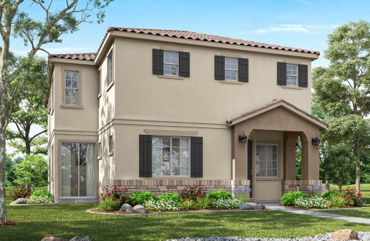 New construction Liberty Charlotte elevation A is a modern Spanish style 2-story single-family home with covered front porch.