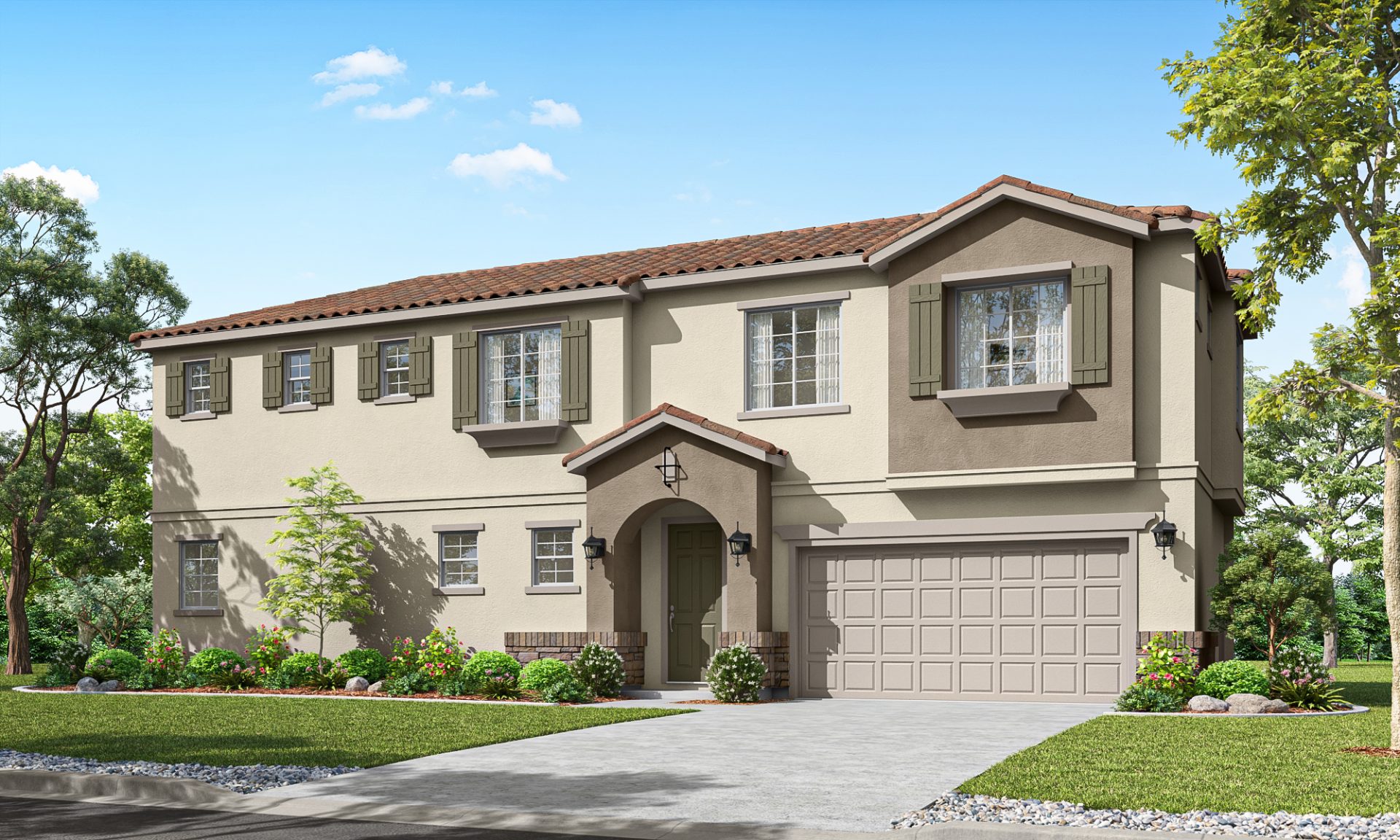 New construction Liberty Daphne elevation A is a modern 2-story single-family home with 2-car garage and covered front porch.