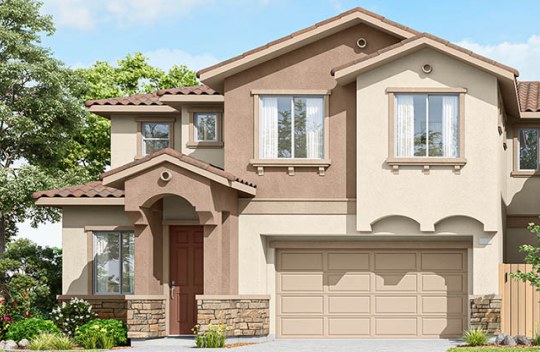 Elevation A is a spanish style 2-story single family home with 2-car garage and covered front porch.