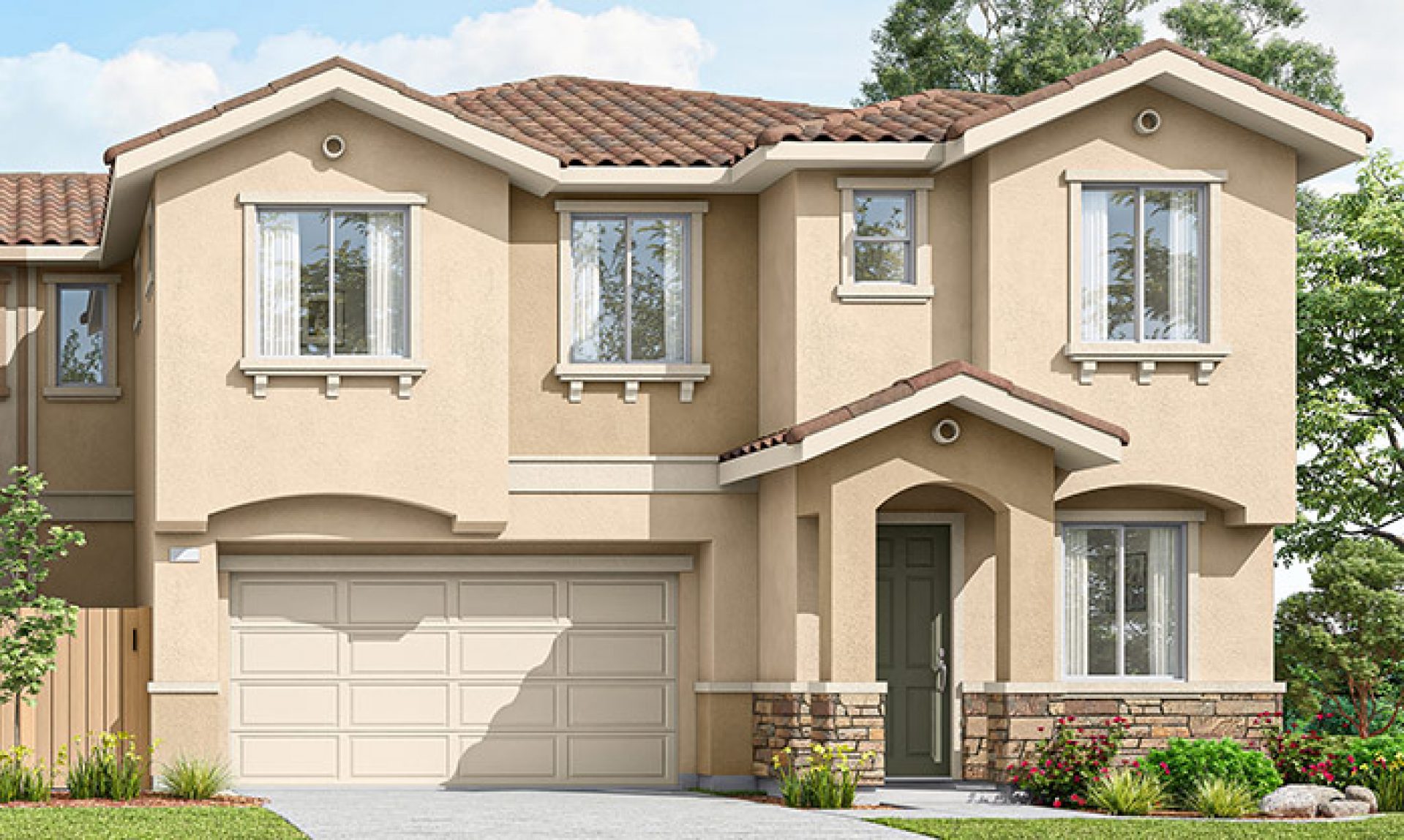 New construction Midway Meadows Berryessa elevation B is a modern Spanish style 2-story single family home with 2 car garage and covered front porch.