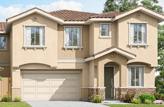 New construction Midway Meadows Berryessa elevation B is a modern Spanish style 2-story single family home with 2 car garage and covered front porch.