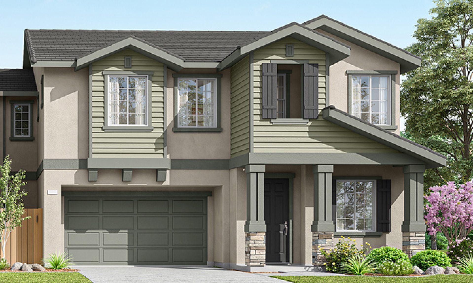 New construction Cordelia elevation B is a modern Craftsman style 2-story single-family home with 2-car garage and covered front porch.
