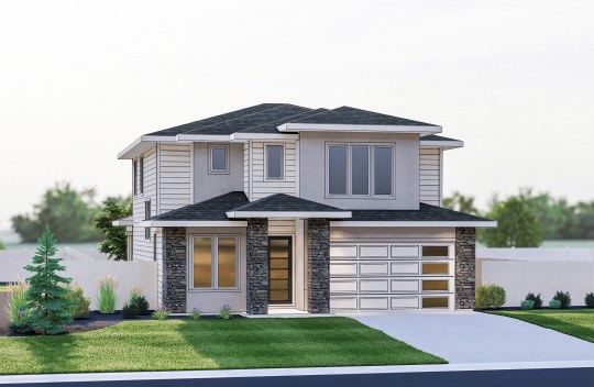 New construction Sterling Heights Residence 12 elevation A is a modern 2-story, single-family home with 2-car garage and covered porch.