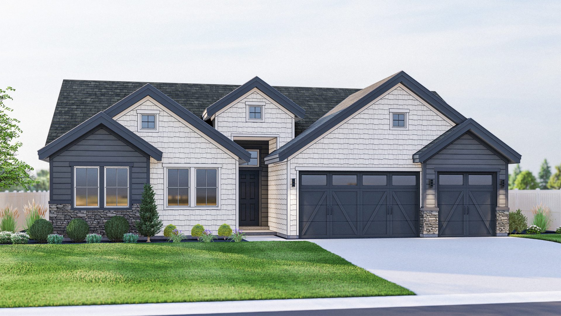 New construction Cherished Estates Charity elevation C is a modern farmhouse style single-story single-family home with 3 car garage.