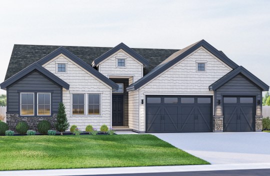 New construction Cherished Estates Charity elevation C is a modern farmhouse style single-story single-family home with 3 car garage.