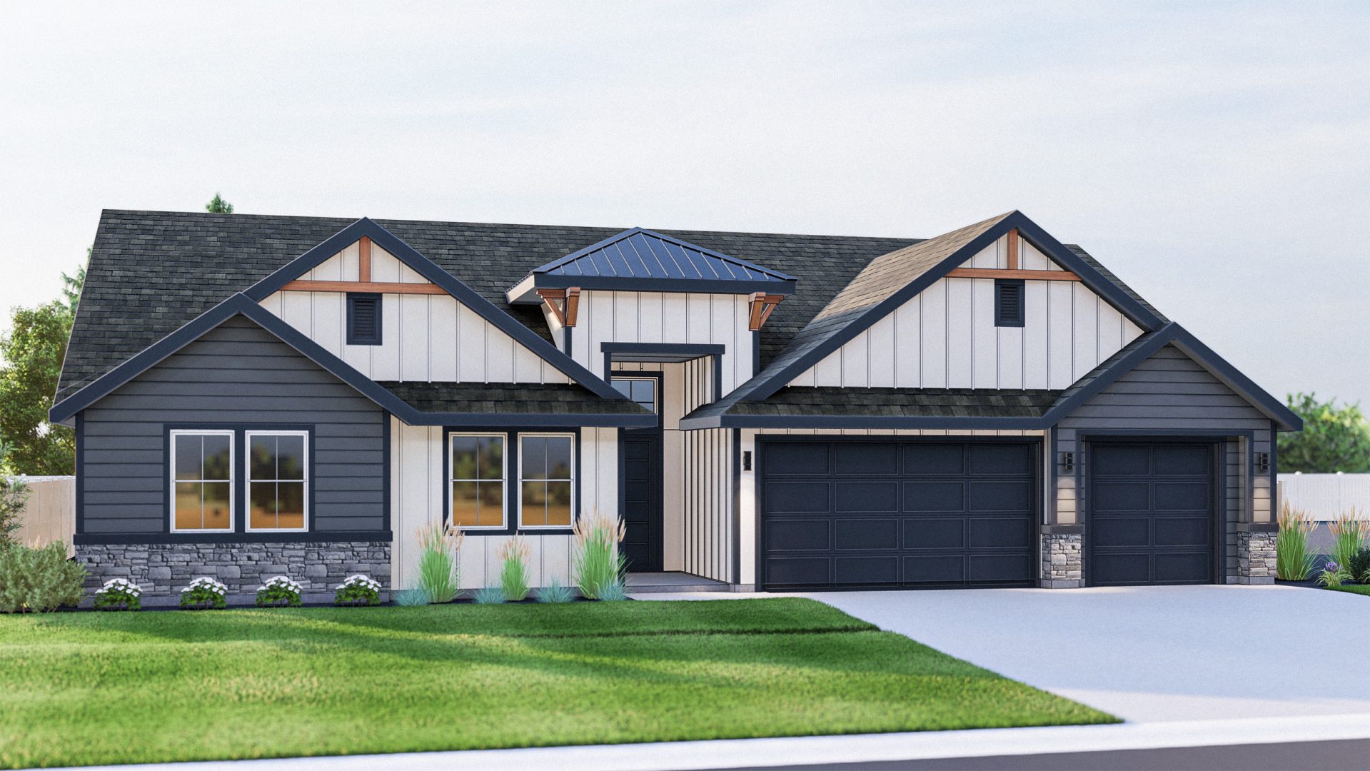 New construction Cherished Estates Grace elevation A is a modern farmhouse style single-story, single-family home with 3-car garage.