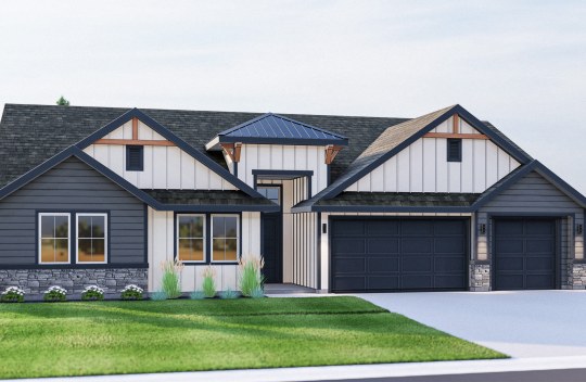 New construction Cherished Estates Grace elevation A is a modern farmhouse style single-story, single-family home with 3-car garage.