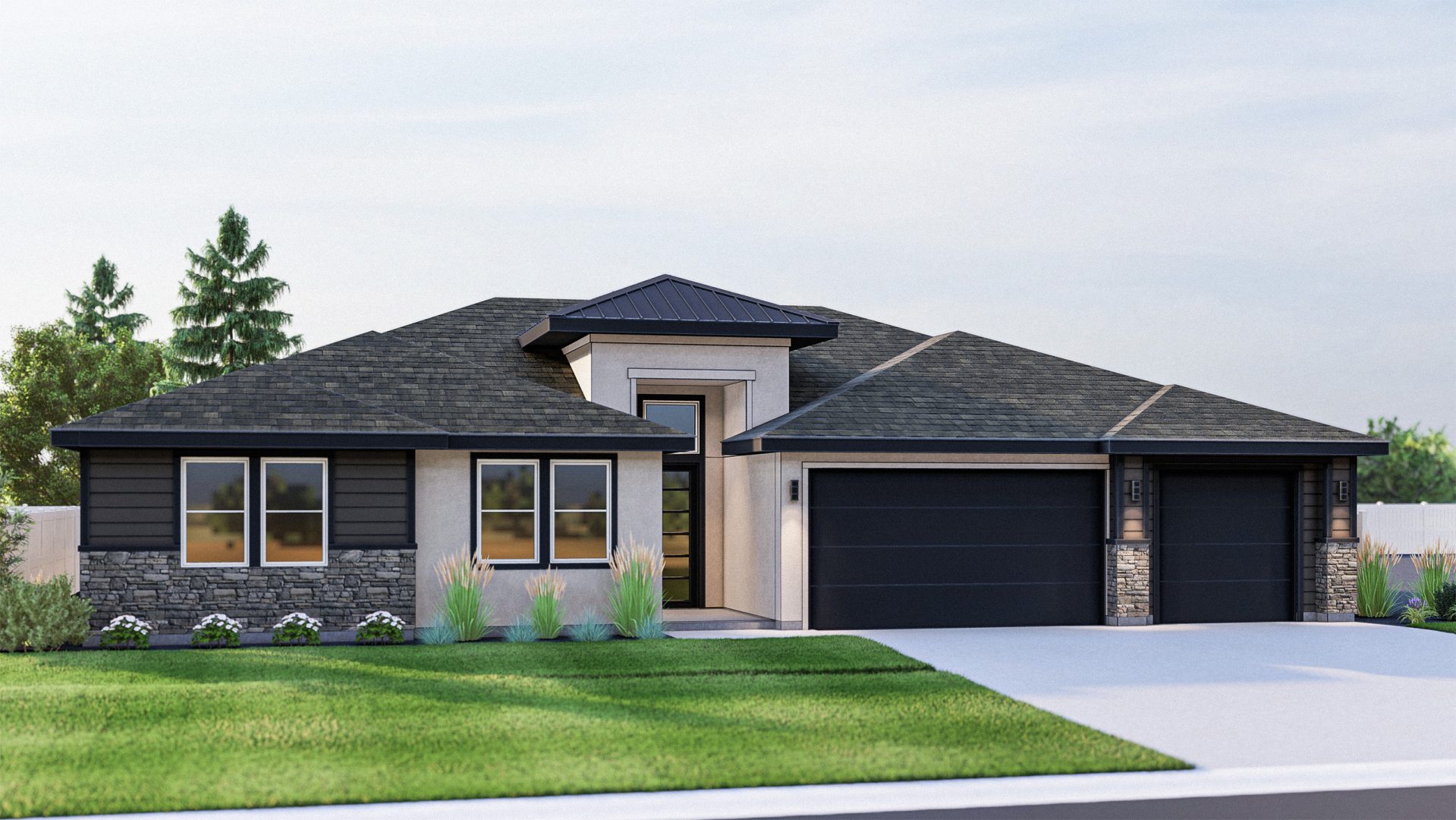 New construction Cherished Estates Grace elevation B is a modern single-story, single-family home with 3-car garage.