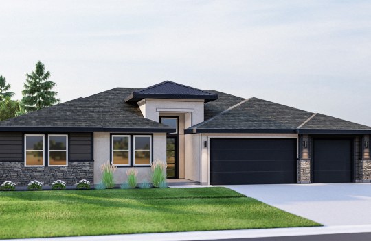 New construction Cherished Estates Grace elevation B is a modern single-story, single-family home with 3-car garage.