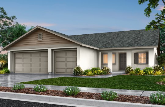 New construction Orchard Creek Chestnut elevation B is a modern Craftsman style single-story single-family home with 3-car garage and covered front porch.