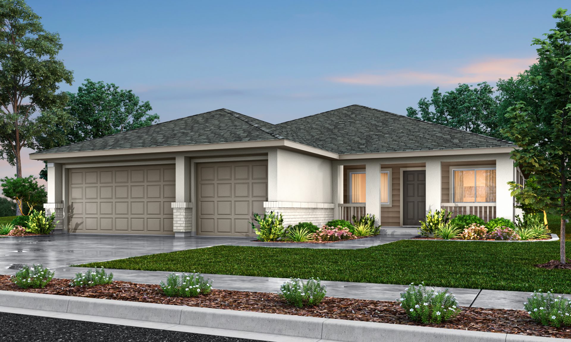 New construction Orchard Creek Chestnut elevation A is a modern Craftsman style single-story single-family home with 3-car garage and covered front porch.