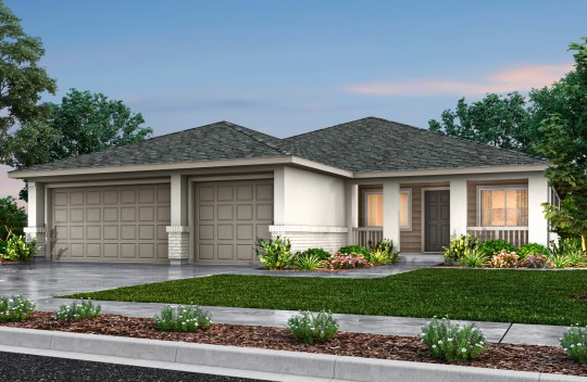 New construction Orchard Creek Chestnut elevation A is a modern Craftsman style single-story single-family home with 3-car garage and covered front porch.