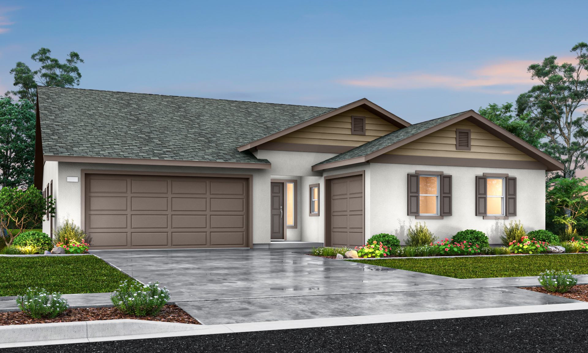 New construction Orchard Creek Forsythia elevation B is a single-story, single-family home with 2-car garage.