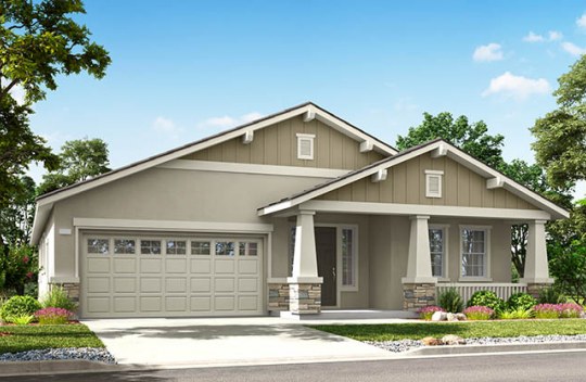 Modern single-story home with attached garage, neutral exterior, and small front garden along a residential street