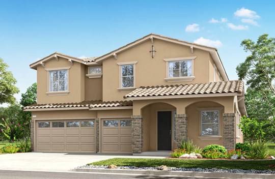 Modern two-story home with attached 3-car garage, neutral exterior, and small front garden along a residential street