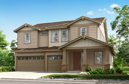 Modern two-story home with attached 3-car garage, neutral exterior, and small front garden along a residential street