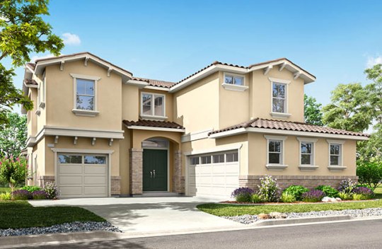 Modern two-story home with attached garage, neutral exterior, and small front garden along a residential street