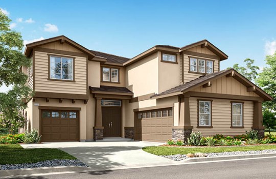 Modern two-story home with attached garage, neutral exterior, and small front garden along a residential street