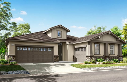 Modern single-story home with attached garage, neutral exterior, and small front garden along a residential street
