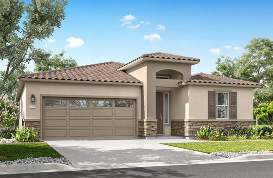 Modern single-story home with attached garage, neutral exterior, and small front garden along a residential street