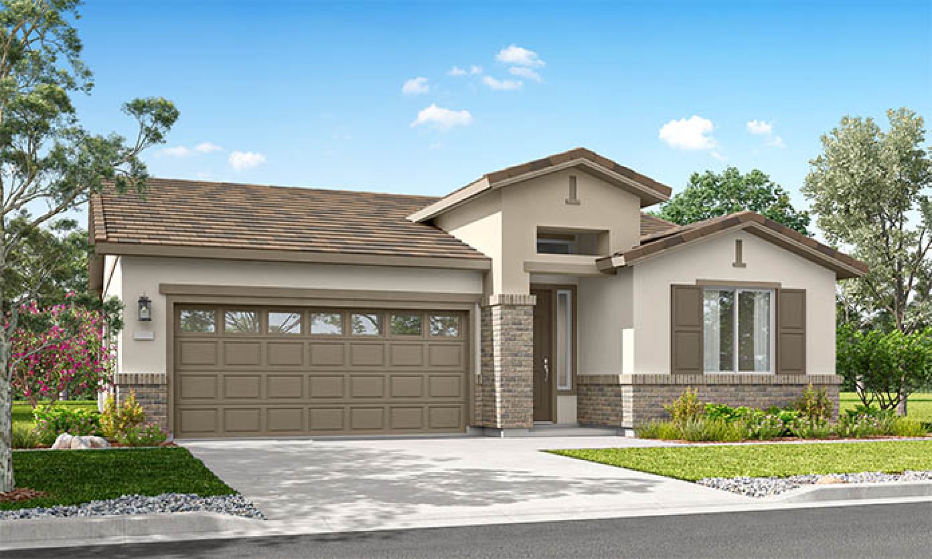 Modern single-story home with attached garage, neutral exterior, and small front garden along a residential street