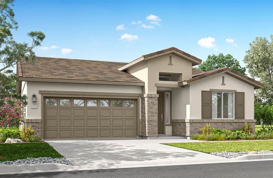 Modern single-story home with attached garage, neutral exterior, and small front garden along a residential street