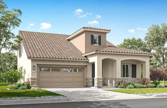 Modern two-story home with attached garage, neutral exterior, and front garden along a residential street